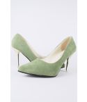 LMS Green Suede Heels With Pointed Toe And Gold Metallic Heel