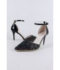 LMS Black Glitter Pointed Closed Toe Sandal With Ankle Strap