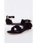 LMS Black Suede Flat Floral Detail Sandal With Ankle Strap