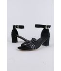 LMS Black Mid Heel Sandal With Silver Weave Detail