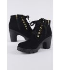 Lovemystyle Faux Suede Black Heeled Boots With Gold Hardware