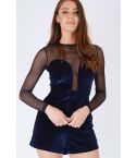 WYLDR Navy Blue Velvet Playsuit With Mesh Detail