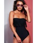 LMS Black Strapless Swimsuit With Cut Out And Fringe Detail