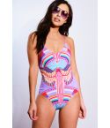 LMS Printed Swimsuit With Plunge Cross Back And Lace Up Detail