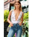 Lovemystyle White Plunge Neckline Bodysuit With Floral Print