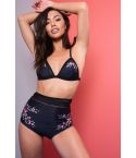 LMS Black High Waisted Bikini Set With Mesh And Floral Detail