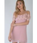 LMS rosa Kittel Kleid mit Spitze ab Schulter Rüschen