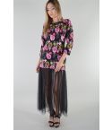 Lovemystyle Floral Embroidered Black Dress With Net Skirt - SAMPLE