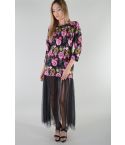 Lovemystyle Floral bordado vestido negro con falda de red