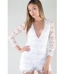 LMS Plunge White Lace Playsuit With See-Through Back