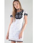 LMS Black Piping Detail And Crochet Hem White Lace Dress