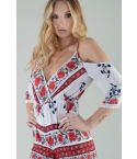 Lovemystyle blanco Floral Cold Shoulder vestido Enterizo