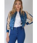 Lovemystyle blu trapuntato Bomber in raso con maniche rosa