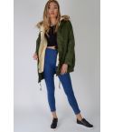 LMS Khaki Green Parka Coat With Faux Fur Trim Hood - SAMPLE