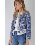 Lovemystyle azul y blanco Azteca impresión chaqueta dobladillo floqueada