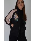 LMS Black Bomber Jacket With Pink Panels And Floral Embroidery - SAMPLE