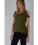 Lovemystyle Cold Shoulder Relaxed T-Shirt With Dip Hem In Khaki