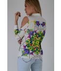 LMS White Cold Shoulder Silk Shirt With Colourful Geometric Print