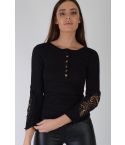 LMS Long Sleeved Black T-Shirt With Crochet Sleeves And Buttons