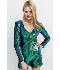 Lovemystyle Iridescent Blue Sequin Playsuit With Long Sleeves