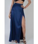 Lovemystyle Navy Blue Silk Wrap Over Maxi Skirt With Side Split