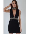 LMS Black V-Neck Bodycon Dress With Embellished Waist And Choker - SAMPLE
