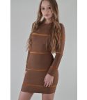 LMS Long Sleeve Velvet Panel Bandage Dress In Brown - SAMPLE