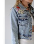 Lovemystyle Cropped Denim Jacket With Embroidery Floral Patchwork