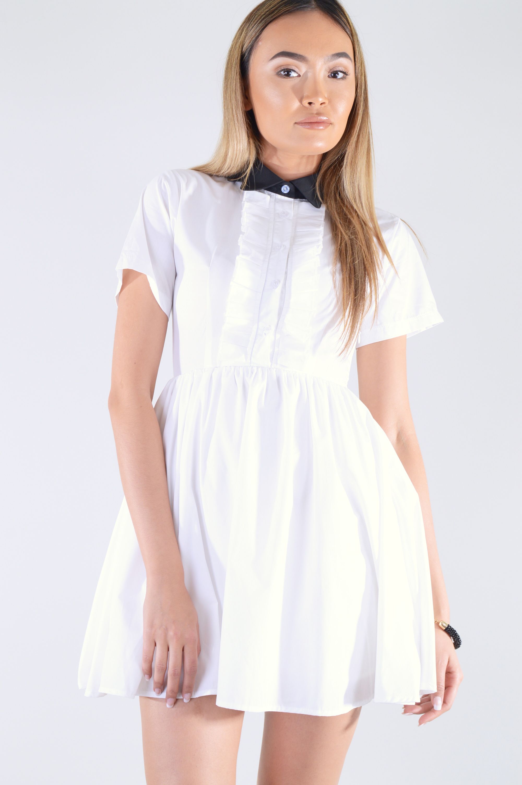 LMS White Skater Shirt Dress With Black Collar And Frill Detail