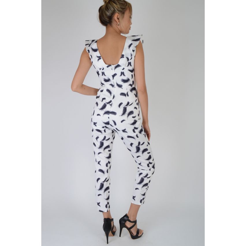 LMS White Jumpsuit With Black Feathers And Frill Detail