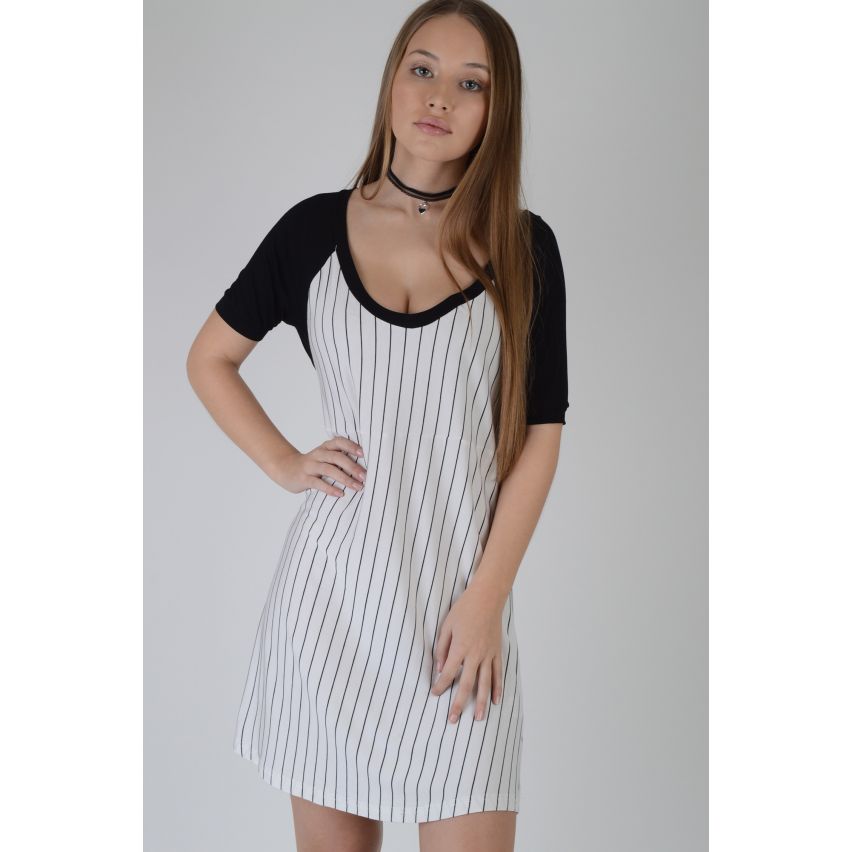 LMS Baseball Style Black And White Pinstripe T-Shirt Dress - SAMPLE