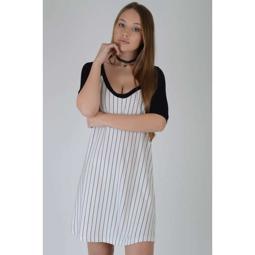 LMS Baseball Style Black And White Pinstripe T-Shirt Dress - SAMPLE