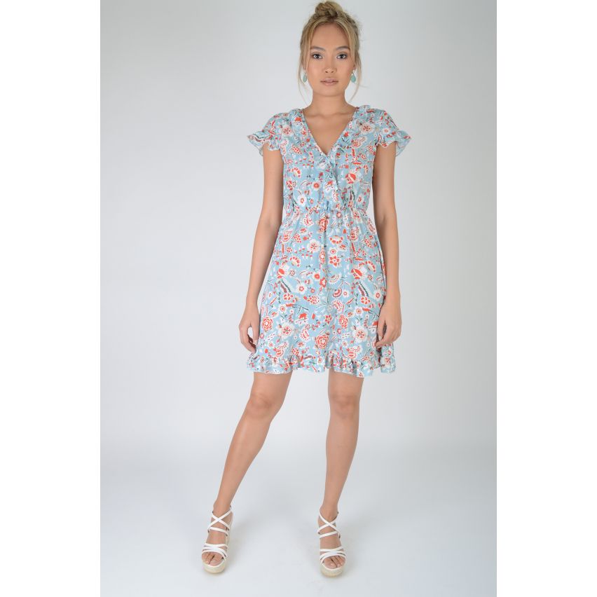 Lovemystyle Light Blue Floral Summer Dress With Frills - SAMPLE