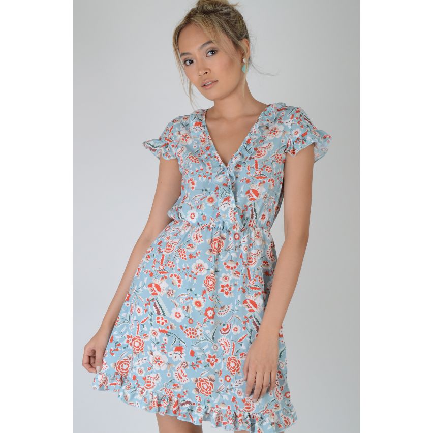 Lovemystyle Light Blue Floral Summer Dress With Frills - SAMPLE