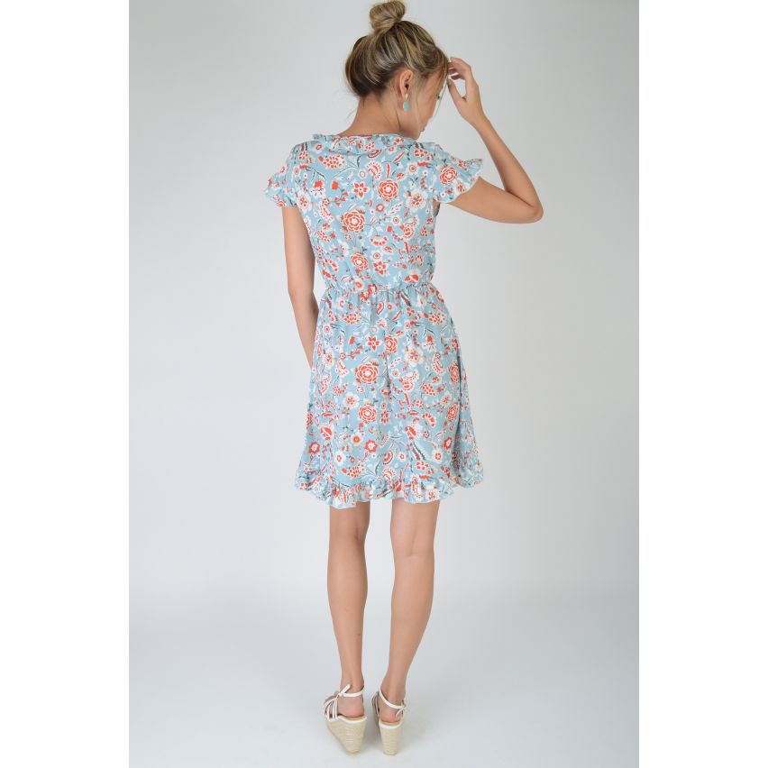 Lovemystyle Light Blue Floral Summer Dress With Frills - SAMPLE