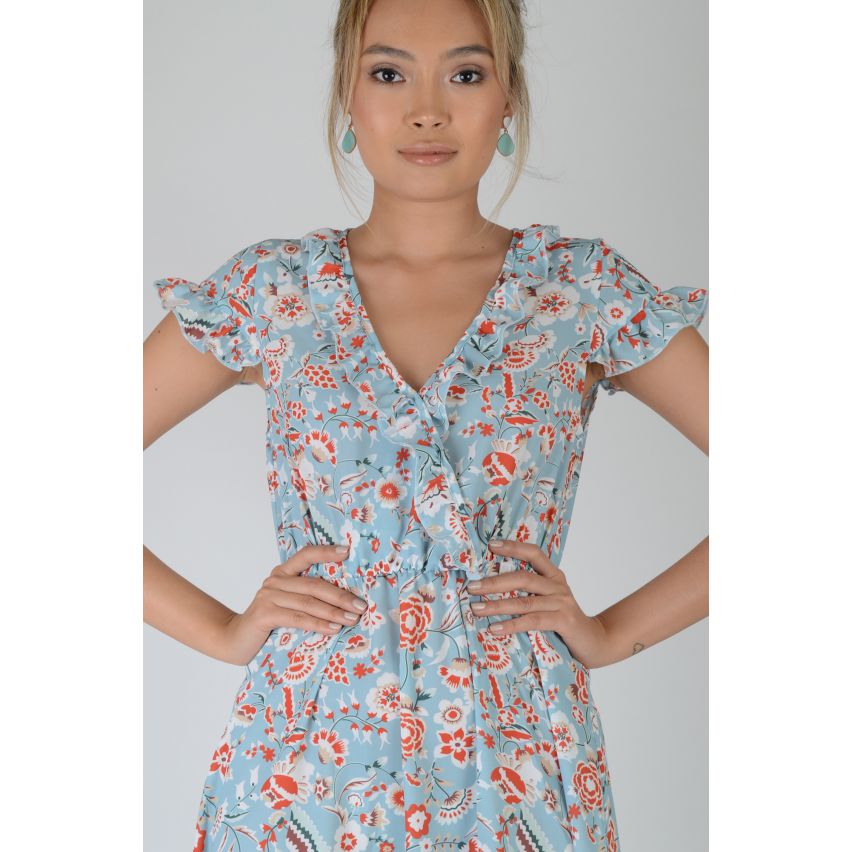 Lovemystyle Light Blue Floral Summer Dress With Frills - SAMPLE