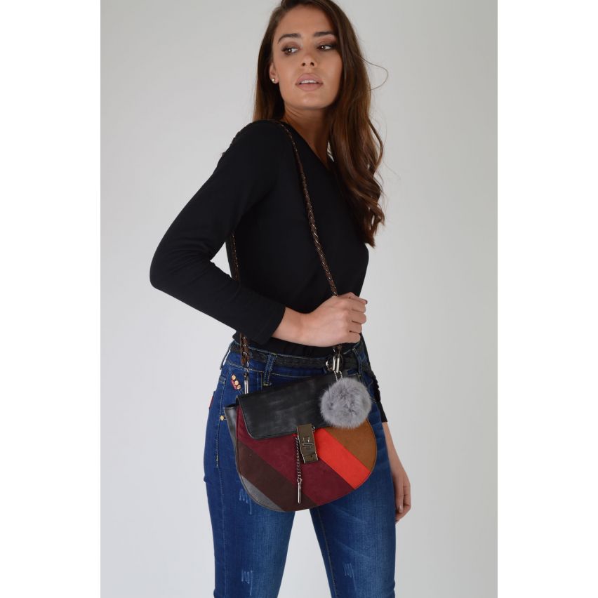 LMS color bloque bolsa de gamuza con Pom Pom detalle