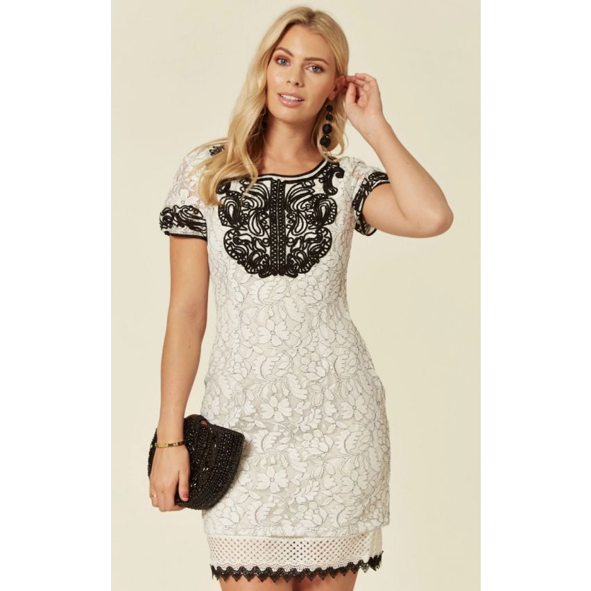 LMS Black Piping Detail And Crochet Hem White Lace Dress