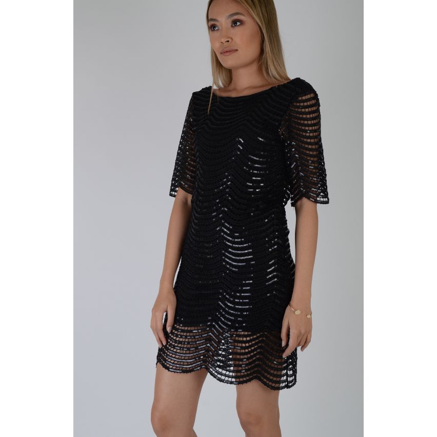 Lovemystyle Black Scalloped Sequin Dress With 3/4 Length Sleeves - SAMPLE