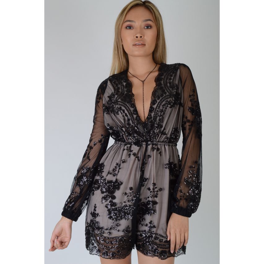 LMS Black Plunge Neck Playsuit With Black Sequin Embellishment - SAMPLE