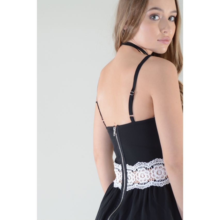 LMS svart chiffong Boho stil Playsuit med vit spets midja Band