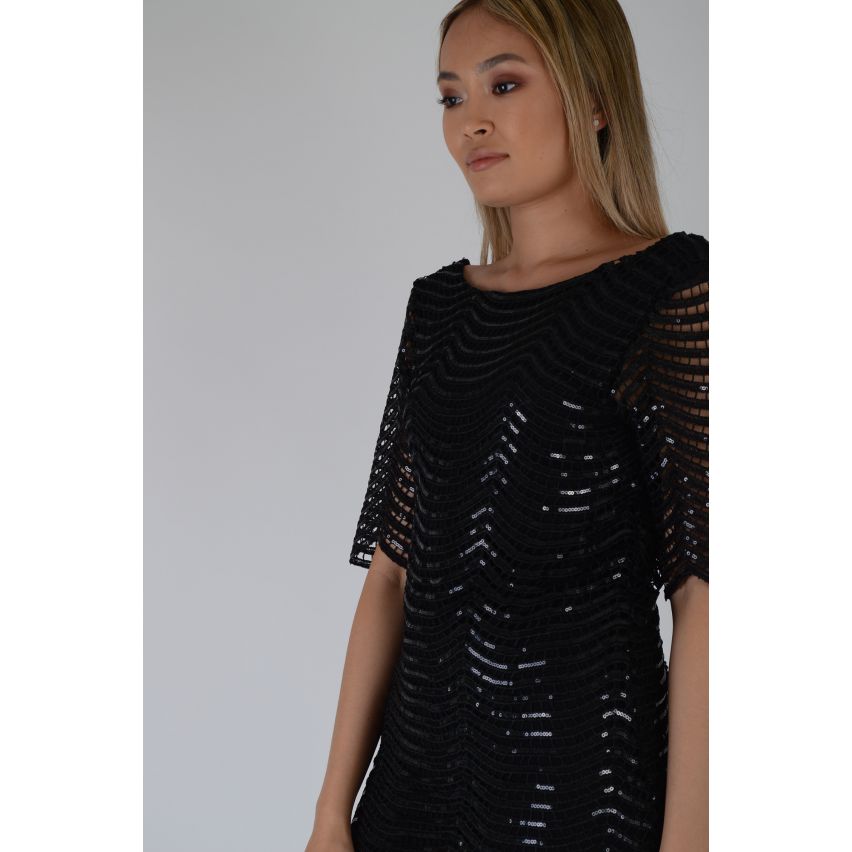 Lovemystyle Black Scalloped Sequin Dress With 3/4 Length Sleeves - SAMPLE