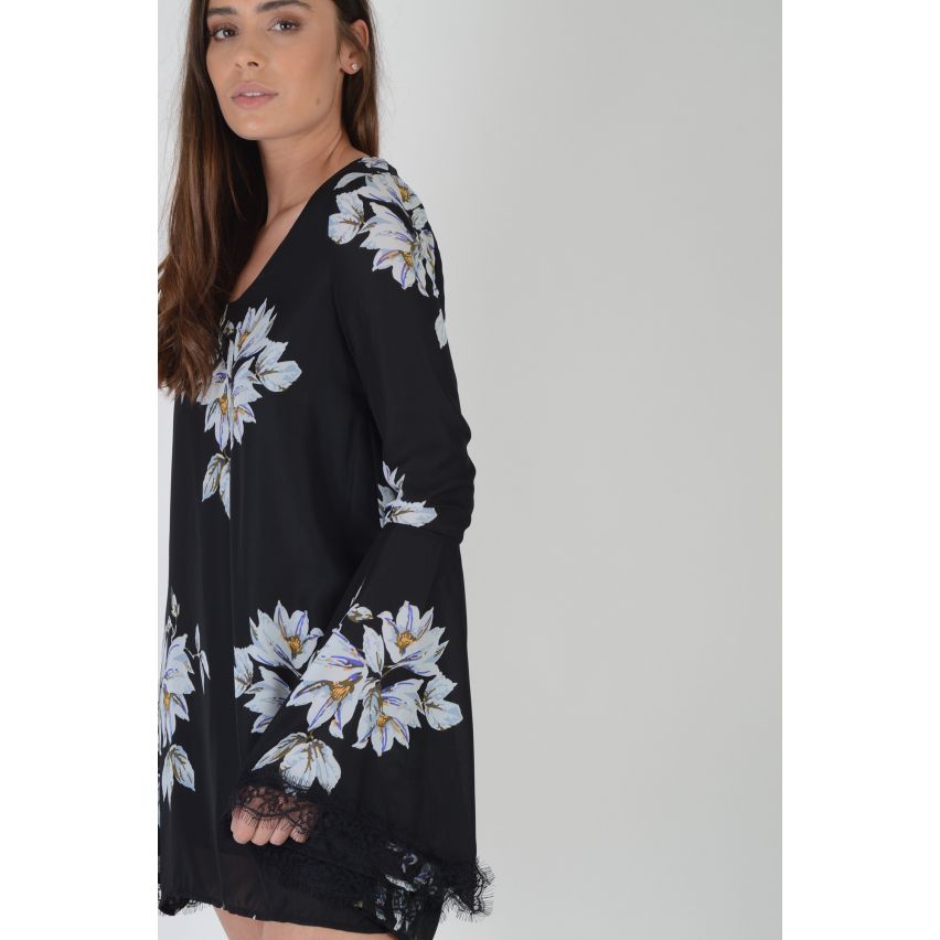 LMS Black Floral Hollow Out Bell Sleeved Dress With Lace Trim - SAMPLE