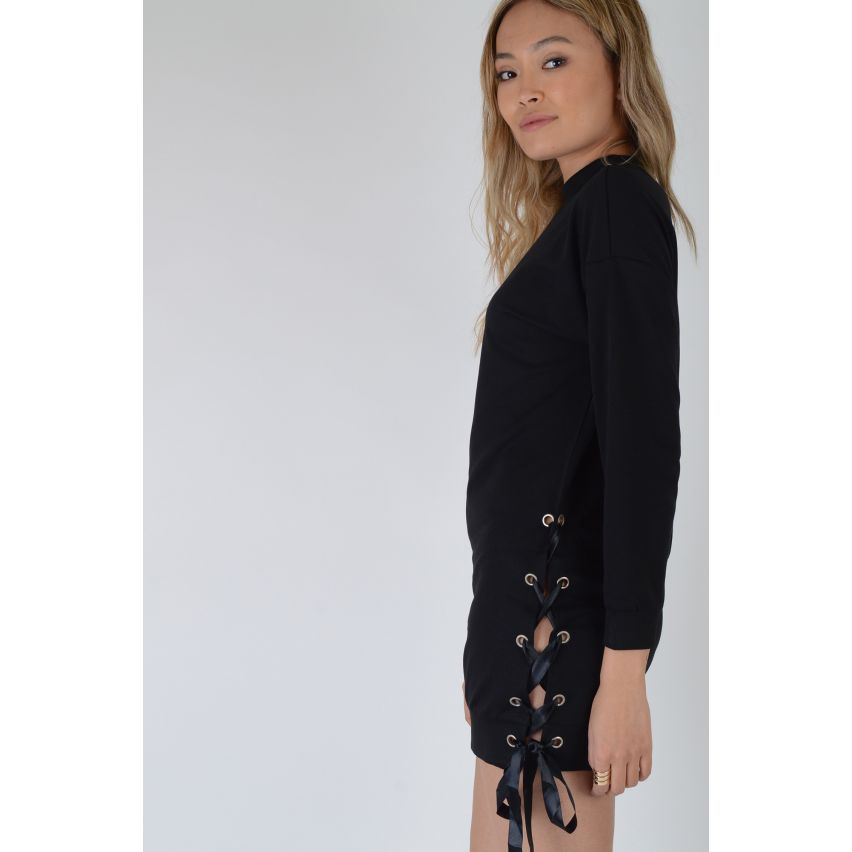 Lovemystyle Casual Black Jumper Dress With Lace Up Side - SAMPLE