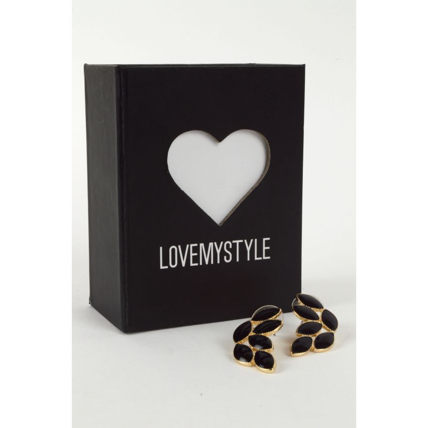Lovemystyle Black And Gold Leaf Detail Studded Earrings