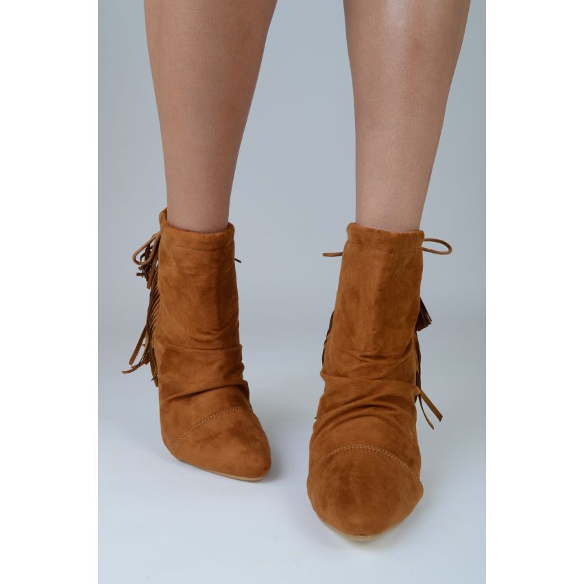 Lovemystyle Brown Suede Ankle Boots With Fringe Back Detail