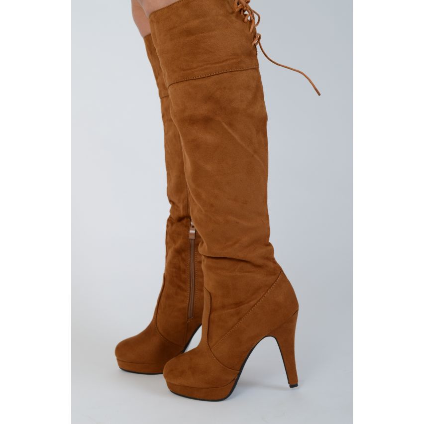 Lovemystyle Heeled Knee High Boots In Brown Faux Suede