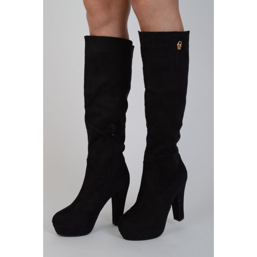 Lovemystyle Faux Black Suede High Knee Boots With Heel