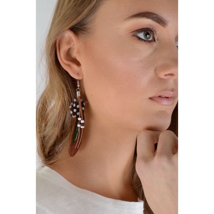 Lovemystyle Brown Feather Earrings With Beads