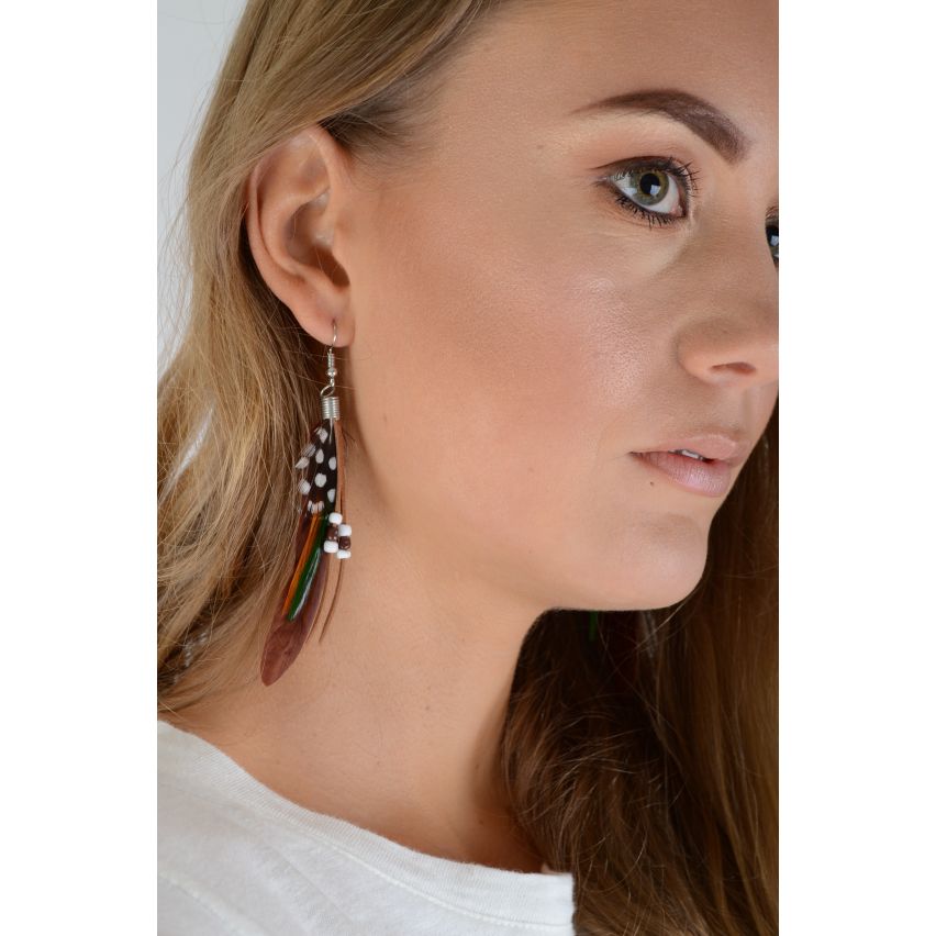 Boucles plumes Lovemystyle marron avec perles